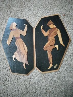 Pair of MCM Judaica 15" Olive wood intarsia inlay wood wall plaques